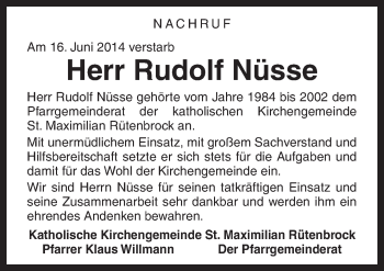 Traueranzeige von Rudolf Nüsse von Neue Osnabrücker Zeitung GmbH & Co. KG