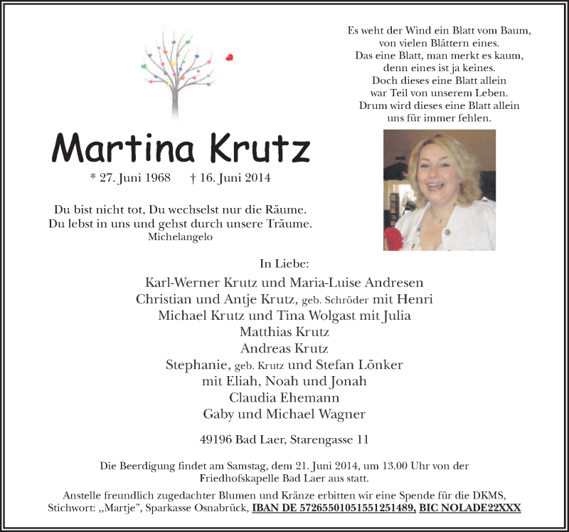  Traueranzeige für Martina Krutz vom 21.06.2014 aus Neue Osnabrücker Zeitung GmbH & Co. KG