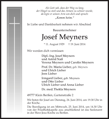 Traueranzeige von Josef Meyners von Neue Osnabrücker Zeitung GmbH & Co. KG