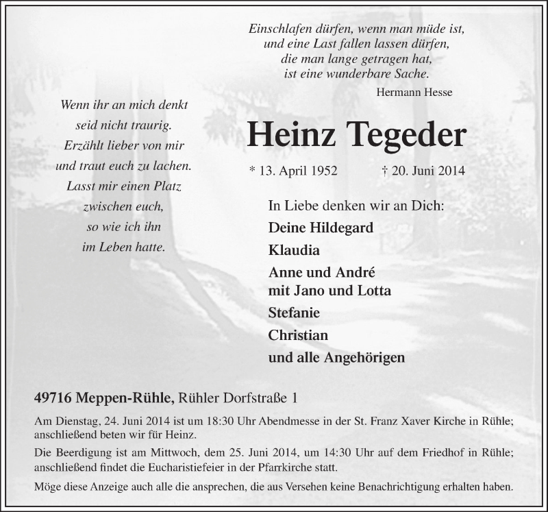  Traueranzeige für Heinz Tegeder vom 23.06.2014 aus Neue Osnabrücker Zeitung GmbH & Co. KG