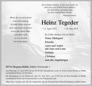 Traueranzeige von Heinz Tegeder von Neue Osnabrücker Zeitung GmbH & Co. KG