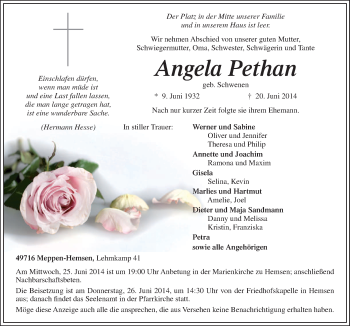 Traueranzeige von Angela Pethan von Neue Osnabrücker Zeitung GmbH & Co. KG