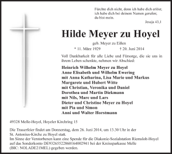 Traueranzeige von Hilde Meyer zu Hoyel von Neue Osnabrücker Zeitung GmbH & Co. KG