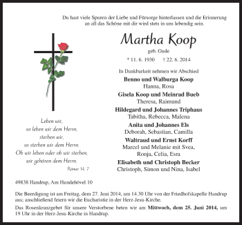 Traueranzeige von Martha Koop von Neue Osnabrücker Zeitung GmbH & Co. KG