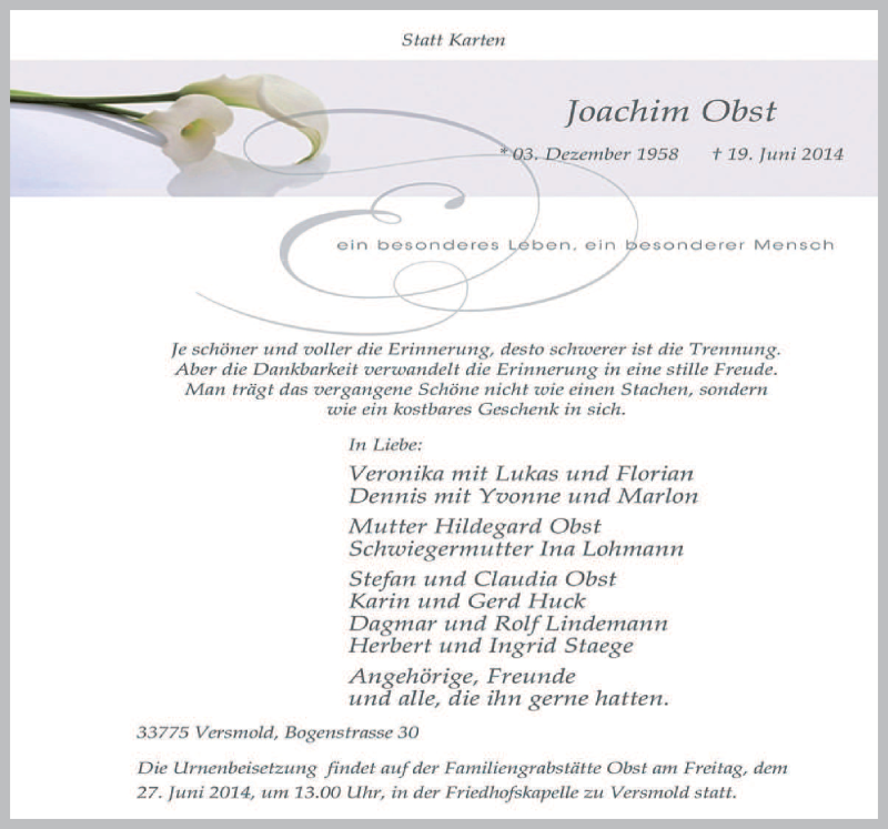  Traueranzeige für Joachim Obst vom 24.06.2014 aus Neue Osnabrücker Zeitung GmbH & Co. KG