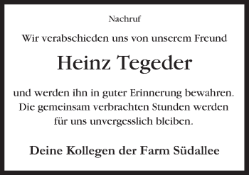 Traueranzeige von Heinz Tegeder von Neue Osnabrücker Zeitung GmbH & Co. KG