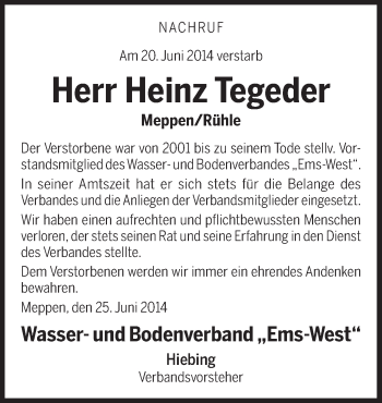 Traueranzeige von Heinz Tegeder von Neue Osnabrücker Zeitung GmbH & Co. KG