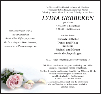 Traueranzeige von Lydia Gebbeken von Neue Osnabrücker Zeitung GmbH & Co. KG