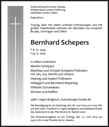 Traueranzeige von Bernhard Schepers von Neue Osnabrücker Zeitung GmbH & Co. KG