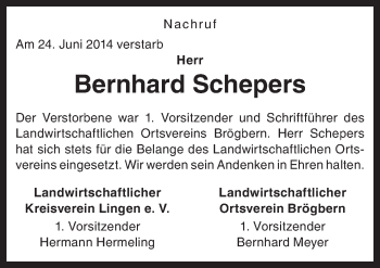 Traueranzeige von Bernhard Schepers von Neue Osnabrücker Zeitung GmbH & Co. KG