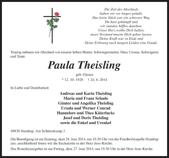 Traueranzeige von Paula Theisling von Neue Osnabrücker Zeitung GmbH & Co. KG