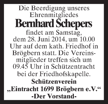 Traueranzeige von Bernhard Schepers von Neue Osnabrücker Zeitung GmbH & Co. KG