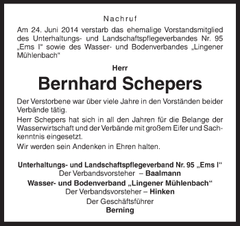 Traueranzeige von Bernhard Schepers von Neue Osnabrücker Zeitung GmbH & Co. KG