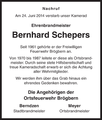 Traueranzeige von Bernhard Schepers von Neue Osnabrücker Zeitung GmbH & Co. KG