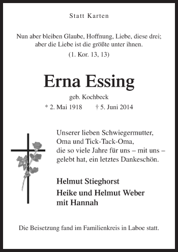 Traueranzeige von Erna Essing von Neue Osnabrücker Zeitung GmbH & Co. KG