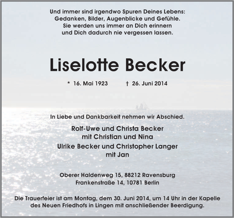  Traueranzeige für Liselotte Becker vom 28.06.2014 aus Neue Osnabrücker Zeitung GmbH & Co. KG