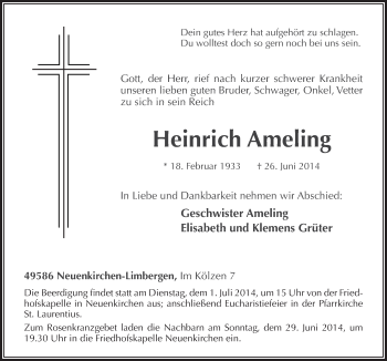 Traueranzeige von Heinrich Ameling von Neue Osnabrücker Zeitung GmbH & Co. KG