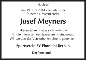 Traueranzeige von Josef Meyners von Neue Osnabrücker Zeitung GmbH & Co. KG