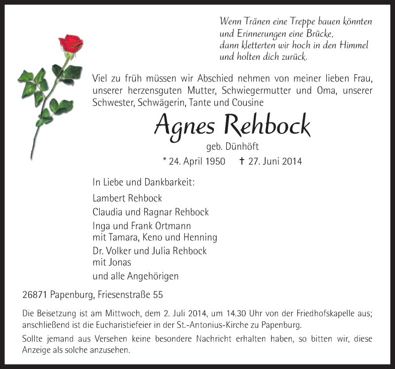  Traueranzeige für Agnes Rehbock vom 30.06.2014 aus Neue Osnabrücker Zeitung GmbH & Co. KG