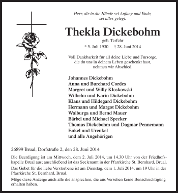 Traueranzeige von Thekla Dickebohm von Neue Osnabrücker Zeitung GmbH & Co. KG