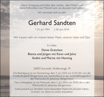 Traueranzeige von Gerhard Sandten von Neue Osnabrücker Zeitung GmbH & Co. KG