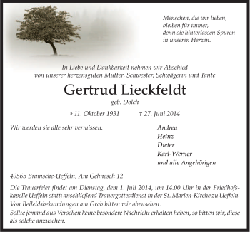 Traueranzeige von Gertrud Lieckfeldt von Neue Osnabrücker Zeitung GmbH & Co. KG