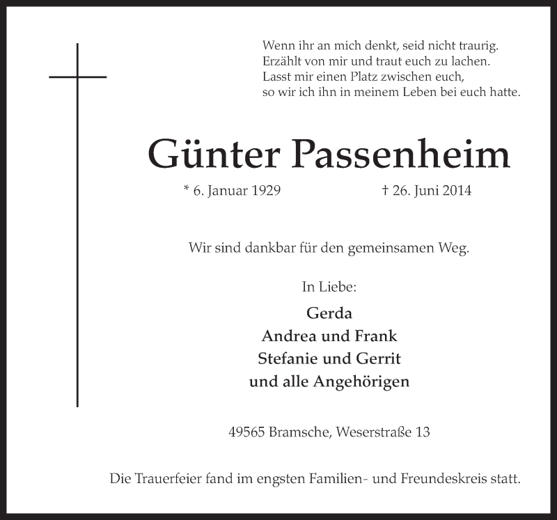  Traueranzeige für Günter Passenheim vom 03.07.2014 aus Neue Osnabrücker Zeitung GmbH & Co. KG