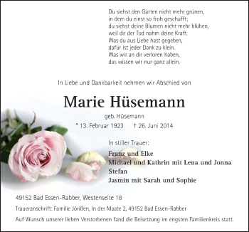 Traueranzeige von Marie Hüsemann von Neue Osnabrücker Zeitung GmbH & Co. KG