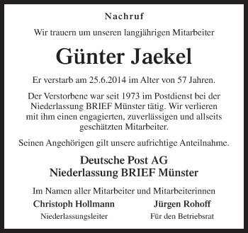 Traueranzeige von Günter Jaekel von Neue Osnabrücker Zeitung GmbH & Co. KG