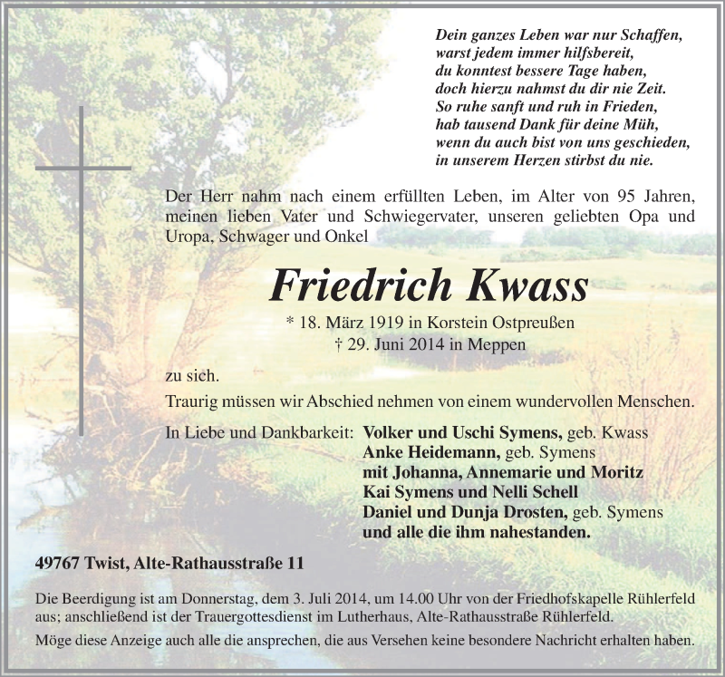  Traueranzeige für Friedrich Kwass vom 01.07.2014 aus Neue Osnabrücker Zeitung GmbH & Co. KG