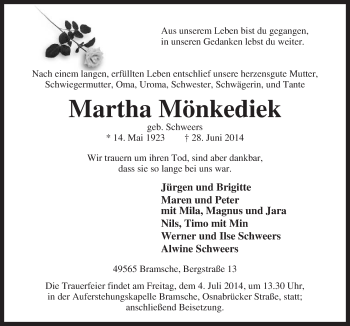 Traueranzeige von Martha Mönkediek von Neue Osnabrücker Zeitung GmbH & Co. KG