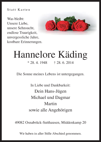 Traueranzeige von Hannelore Käding von Neue Osnabrücker Zeitung GmbH & Co. KG