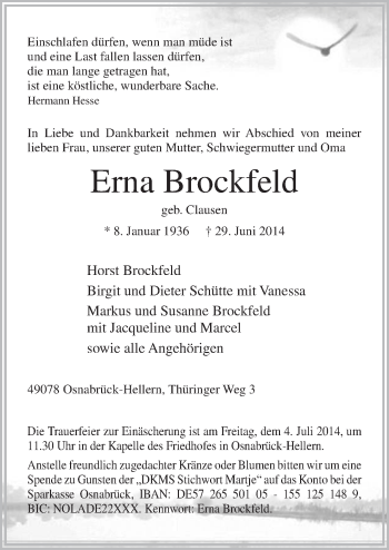 Traueranzeige von Erna Brockfeld von Neue Osnabrücker Zeitung GmbH & Co. KG