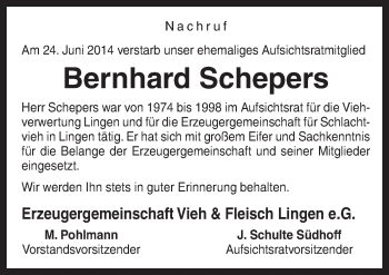 Traueranzeige von Bernhard Schepers von Neue Osnabrücker Zeitung GmbH & Co. KG