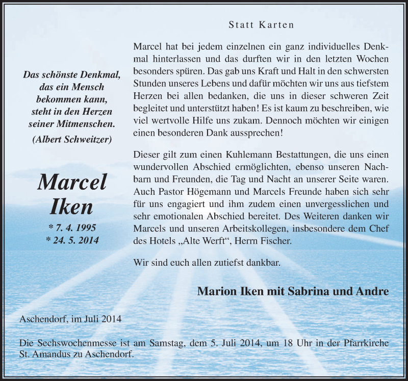  Traueranzeige für Marcel Iken vom 03.07.2014 aus Neue Osnabrücker Zeitung GmbH & Co. KG