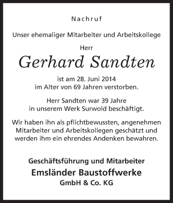 Traueranzeige von Gerhard Sandten von Neue Osnabrücker Zeitung GmbH & Co. KG