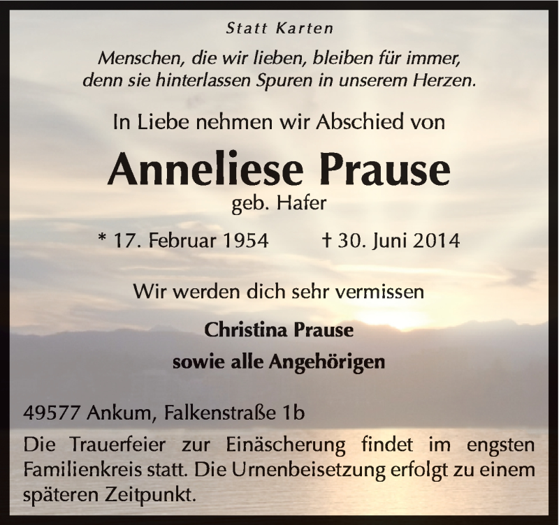  Traueranzeige für Anneliese Prause vom 02.07.2014 aus Neue Osnabrücker Zeitung GmbH & Co. KG