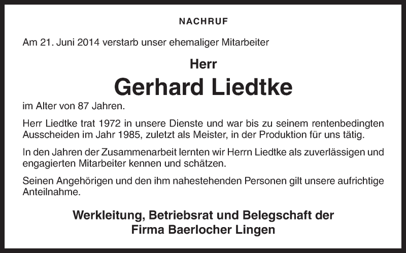  Traueranzeige für Gerhard Liedtke vom 02.07.2014 aus Neue Osnabrücker Zeitung GmbH & Co. KG