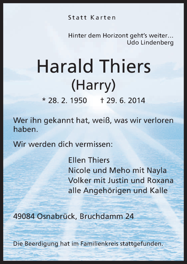  Traueranzeige für Harald Thiers vom 05.07.2014 aus Neue Osnabrücker Zeitung GmbH & Co. KG