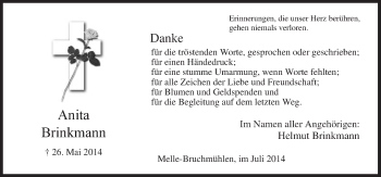 Traueranzeige von Anita Brinkmann von Neue Osnabrücker Zeitung GmbH & Co. KG