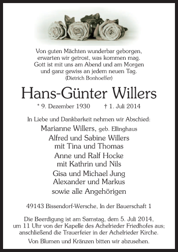 Traueranzeige von Hans-Günter Willers von Neue Osnabrücker Zeitung GmbH & Co. KG