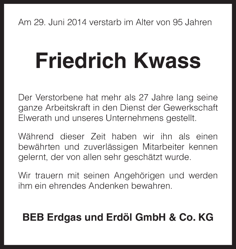  Traueranzeige für Friedrich Kwass vom 04.07.2014 aus Neue Osnabrücker Zeitung GmbH & Co. KG