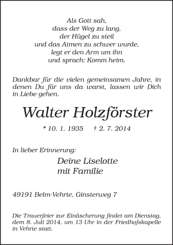 Traueranzeige von Walter Holzförster von Neue Osnabrücker Zeitung GmbH & Co. KG