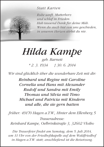 Traueranzeige von Hilda Kampe von Neue Osnabrücker Zeitung GmbH & Co. KG
