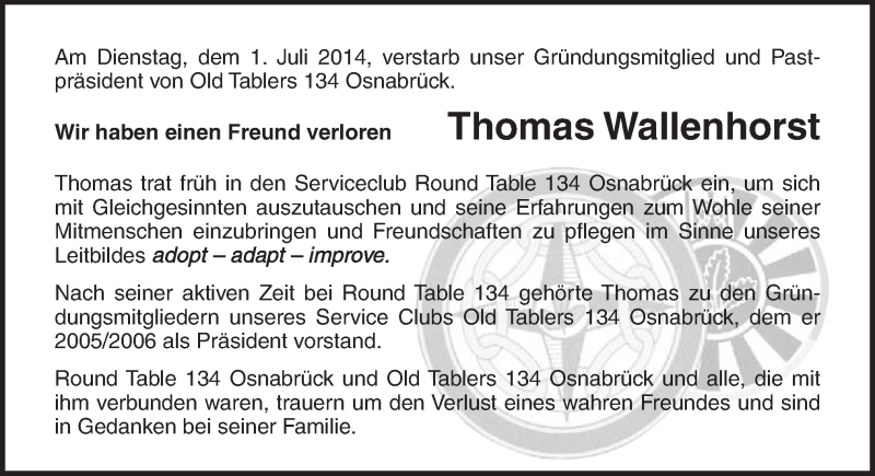  Traueranzeige für Thomas Wallenhorst vom 09.07.2014 aus Neue Osnabrücker Zeitung GmbH & Co. KG