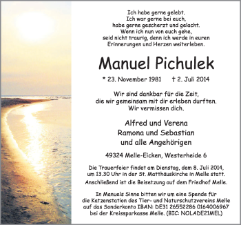 Traueranzeige von Manuel Pichulek von Neue Osnabrücker Zeitung GmbH & Co. KG
