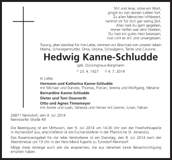 Traueranzeige von Hedwig Kanne-Schludde von Neue Osnabrücker Zeitung GmbH & Co. KG