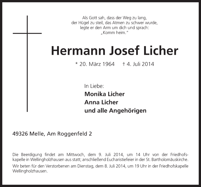  Traueranzeige für Hermann Josef Licher vom 07.07.2014 aus Neue Osnabrücker Zeitung GmbH & Co. KG