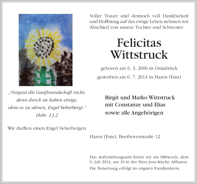  Traueranzeige für Felicitas Wittstruck vom 07.07.2014 aus Neue Osnabrücker Zeitung GmbH & Co. KG