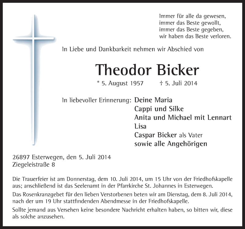  Traueranzeige für Theodor Bicker vom 08.07.2014 aus Neue Osnabrücker Zeitung GmbH & Co. KG
